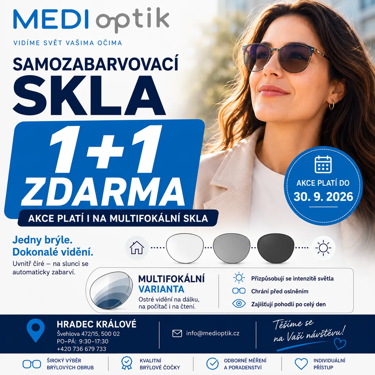 Akce samozabarvovací skla 1+1 zdarma — platí do 30. 9. 2026, i na multifokální skla